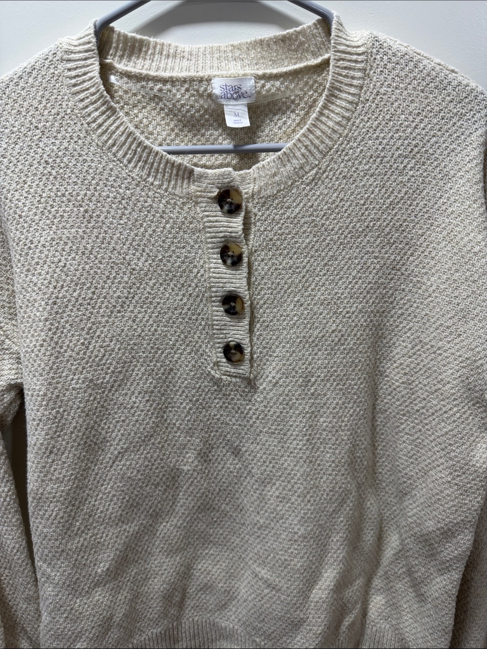 stars above Cream Textured Henley Sweater with Tortoise Buttons